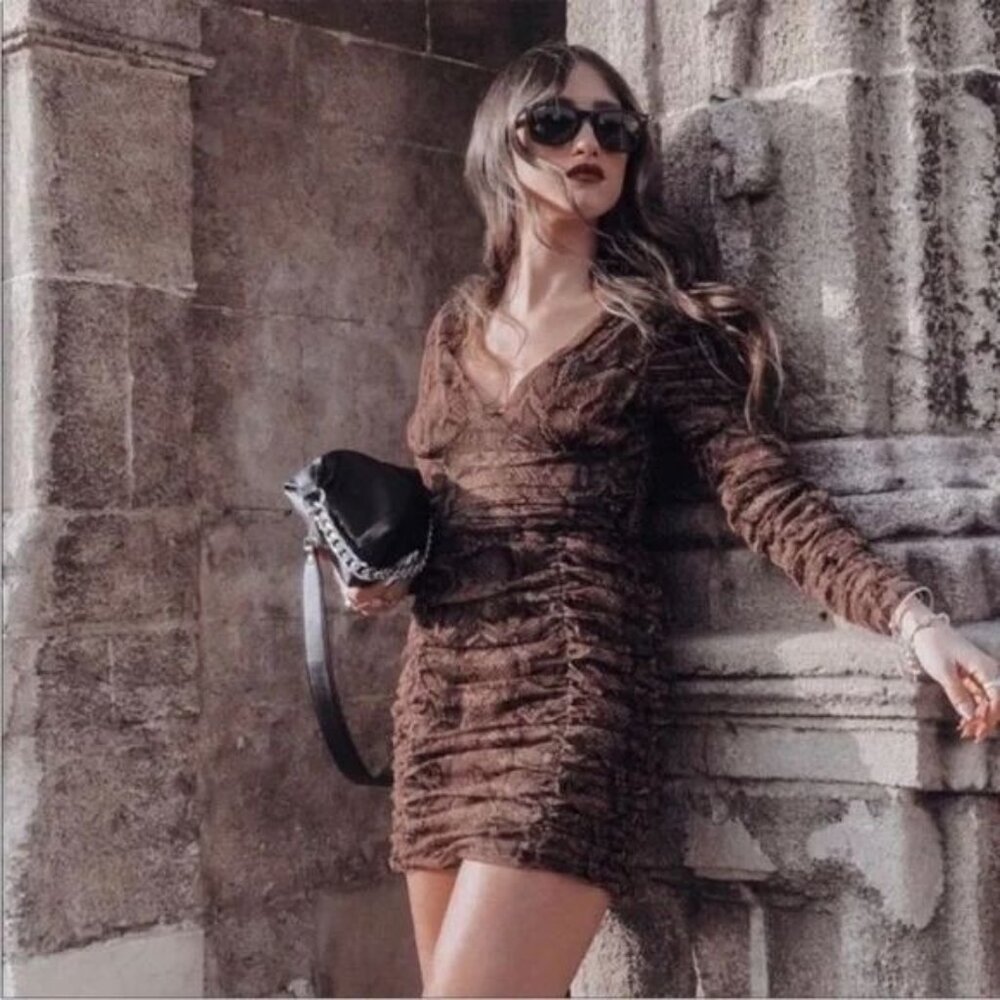 Zara Brown Snake Print Mesh Ruched Long Sleeve Mini Dress Size L